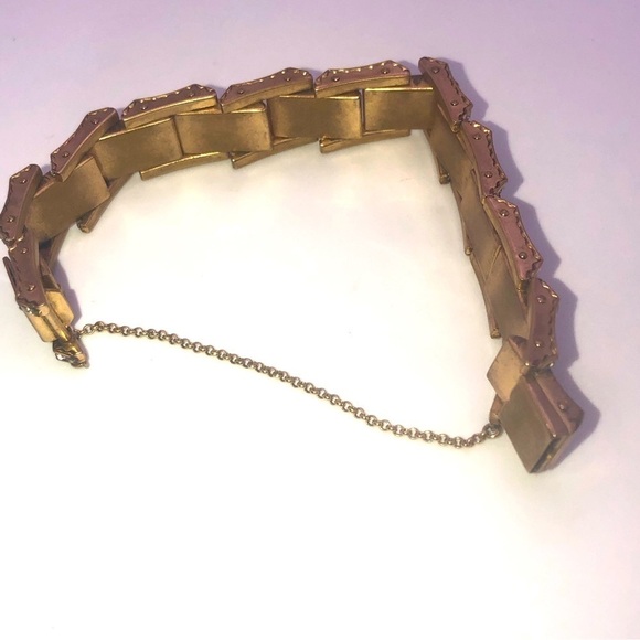 VTG Art Deco Rhinestone MOP Panel Gold /Brass Tone Bracelet w Safety Chain 6.5” - Picture 3 of 10